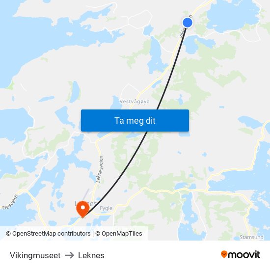 Vikingmuseet to Leknes map