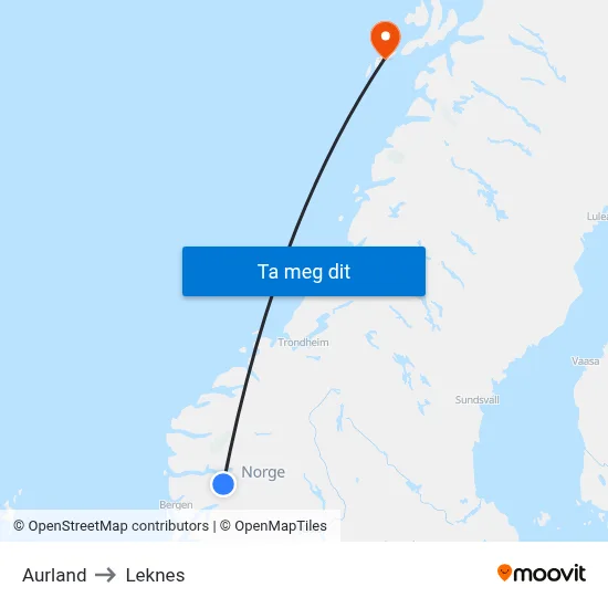 Aurland to Leknes map