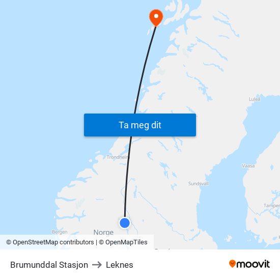 Brumunddal Stasjon to Leknes map