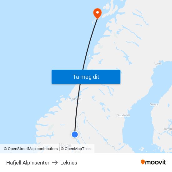 Hafjell Alpinsenter to Leknes map