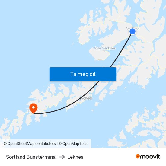 Sortland Bussterminal to Leknes map