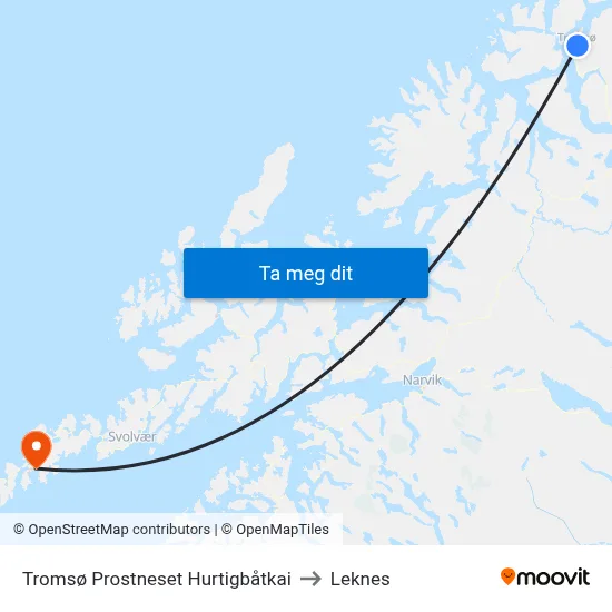 Tromsø Prostneset Hurtigbåtkai to Leknes map