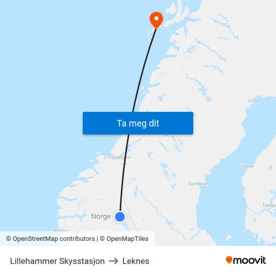 Lillehammer Skysstasjon to Leknes map