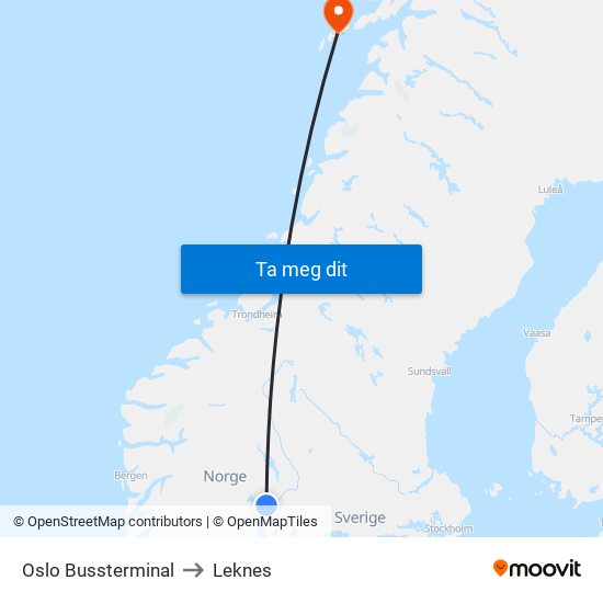 Oslo Bussterminal to Leknes map