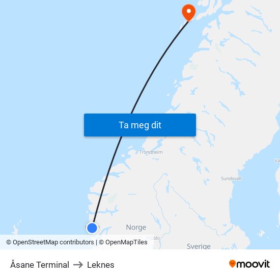 Åsane Terminal to Leknes map