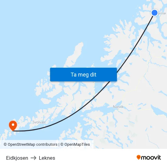 Eidkjosen to Leknes map