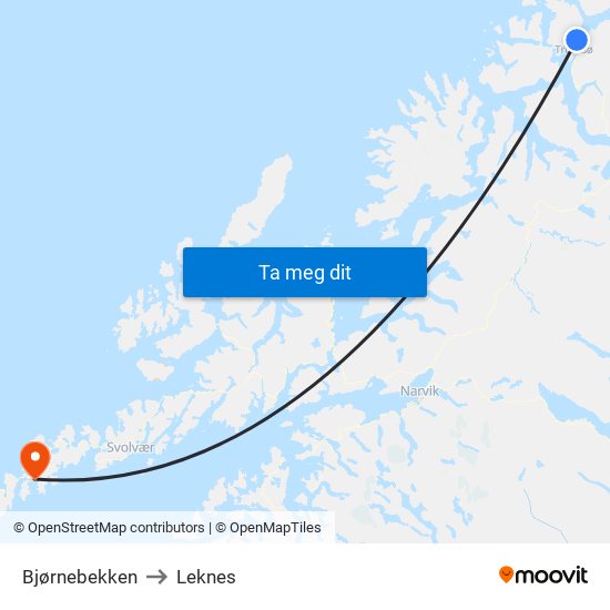Bjørnebekken to Leknes map