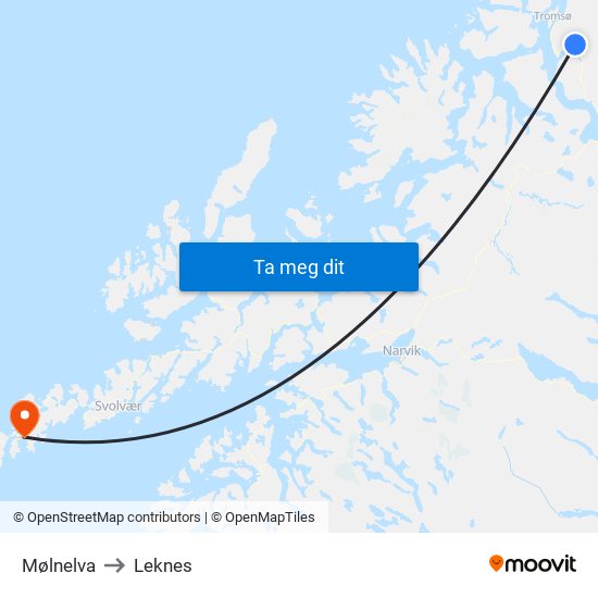 Mølnelva to Leknes map