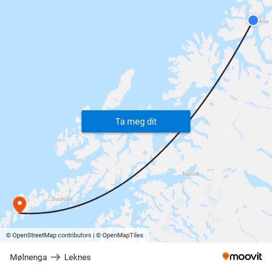 Mølnenga to Leknes map