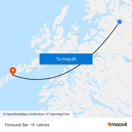 Finnsund Sør to Leknes map