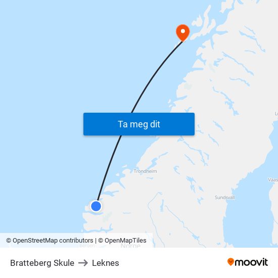 Bratteberg Skule to Leknes map