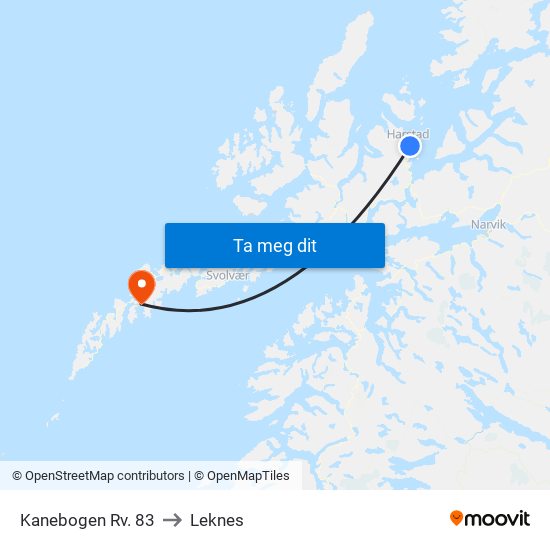 Kanebogen Rv. 83 to Leknes map