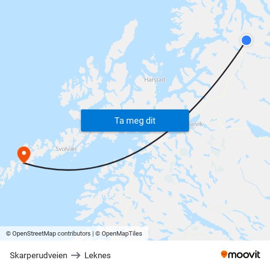 Skarperudveien to Leknes map