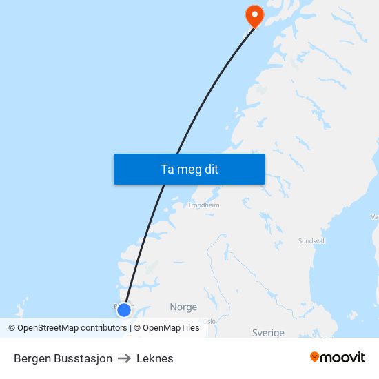 Bergen Busstasjon to Leknes map