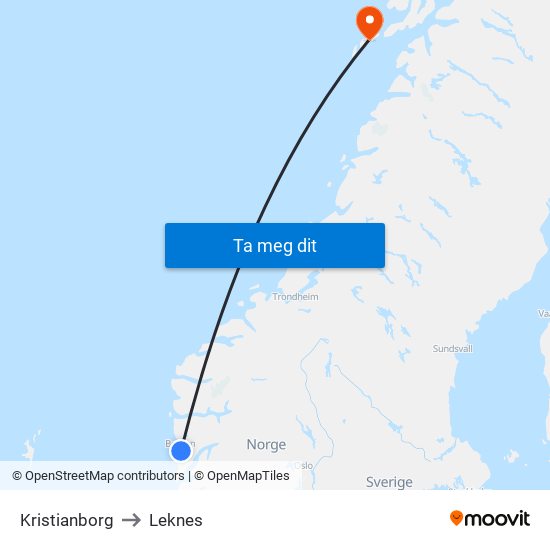 Kristianborg to Leknes map