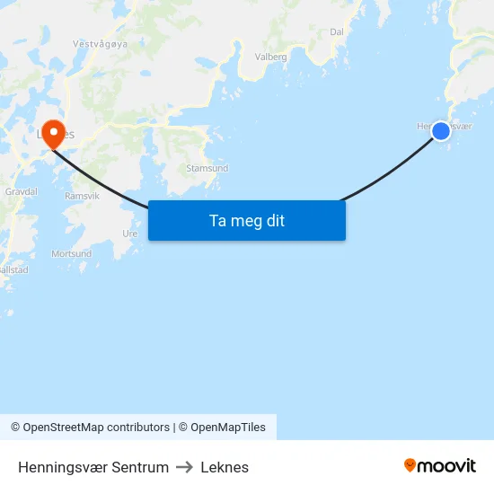 Henningsvær Sentrum to Leknes map