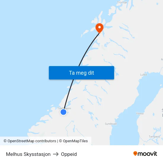 Melhus Skysstasjon to Oppeid map