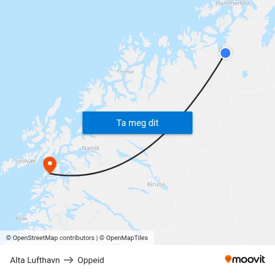 Alta Lufthavn to Oppeid map