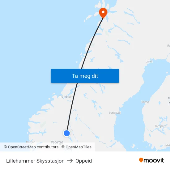 Lillehammer Skysstasjon to Oppeid map