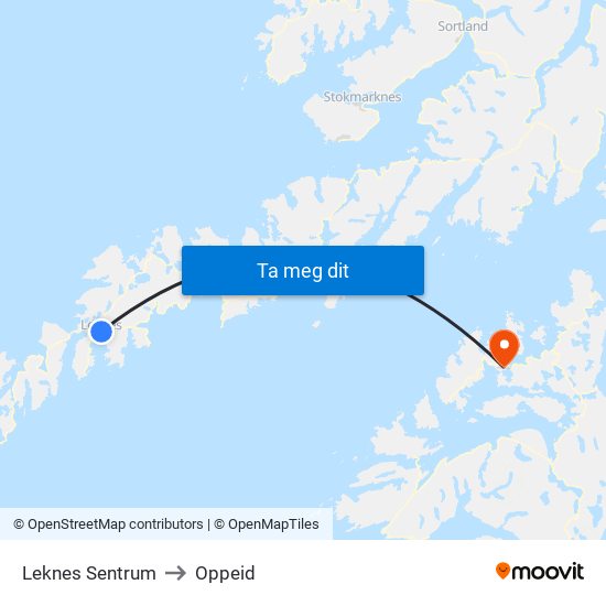 Leknes Sentrum to Oppeid map