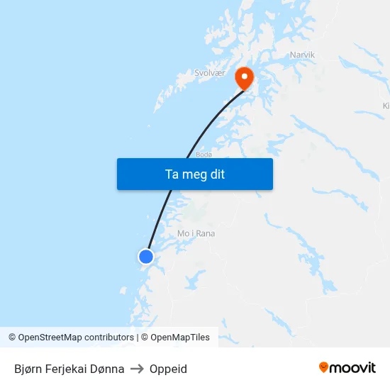 Bjørn Ferjekai Dønna to Oppeid map