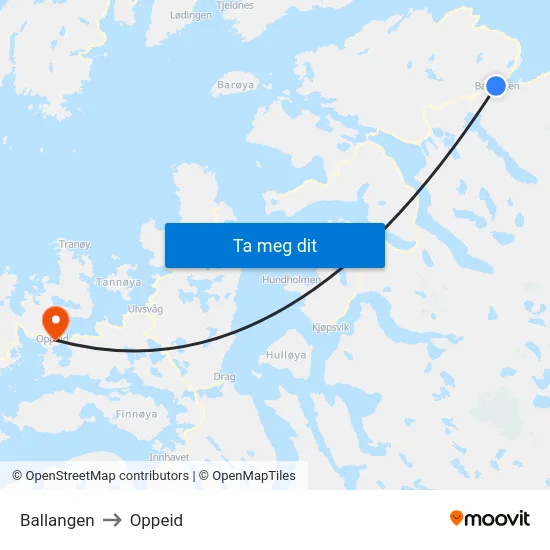Ballangen to Oppeid map