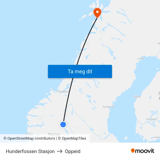 Hunderfossen Stasjon to Oppeid map