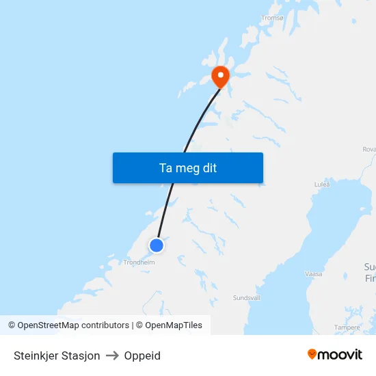 Steinkjer Stasjon to Oppeid map