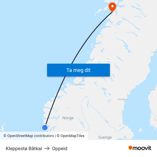 Kleppestø Båtkai to Oppeid map