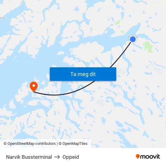 Narvik Bussterminal to Oppeid map