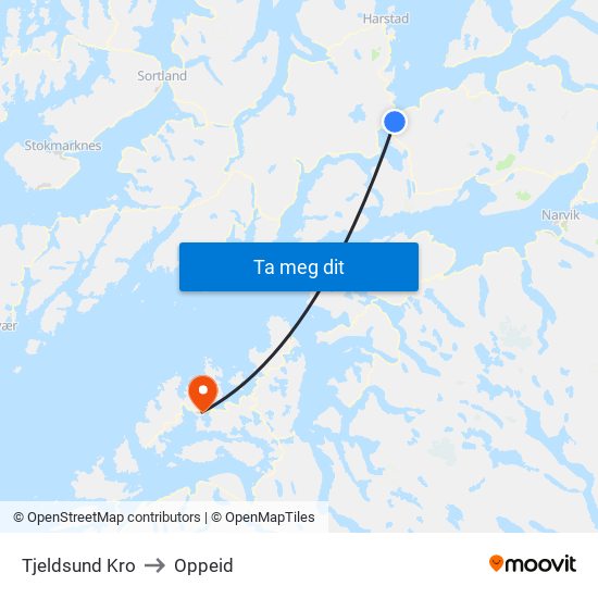 Tjeldsund Kro to Oppeid map