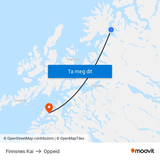 Finnsnes Kai to Oppeid map