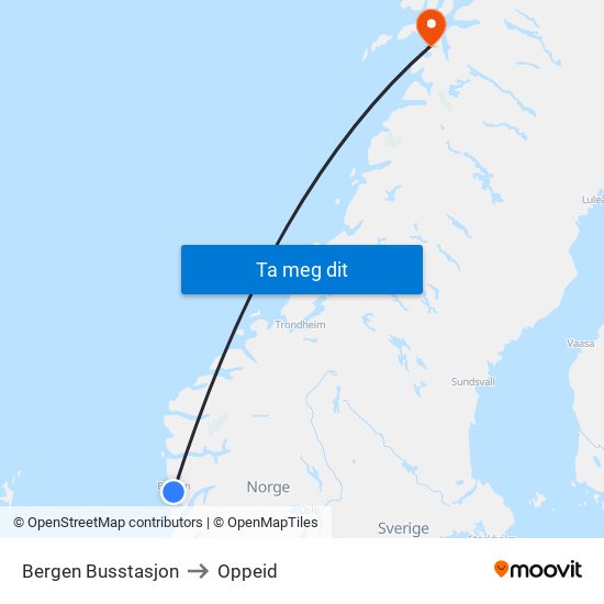 Bergen Busstasjon to Oppeid map