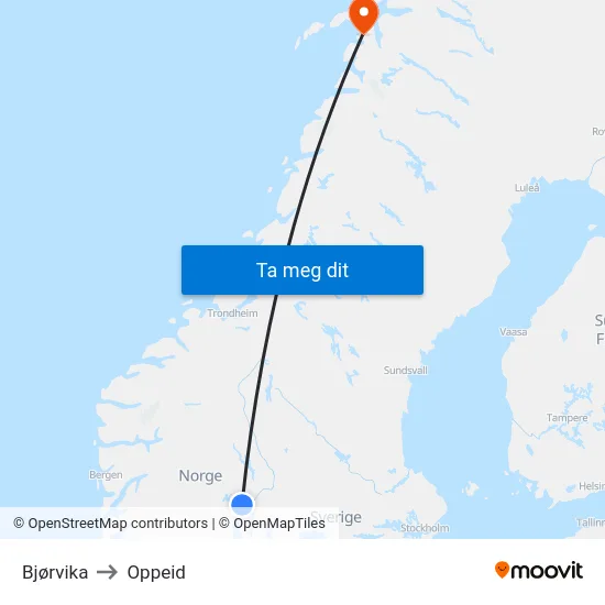 Bjørvika to Oppeid map