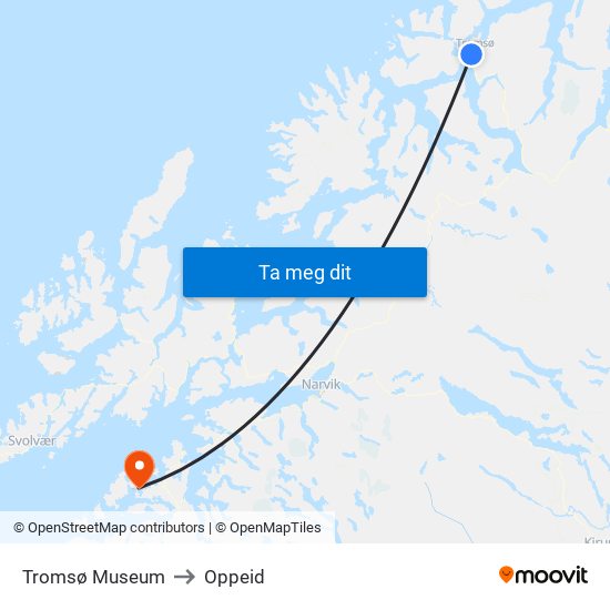 Tromsø Museum to Oppeid map