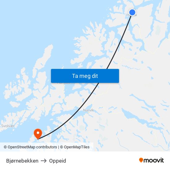 Bjørnebekken to Oppeid map