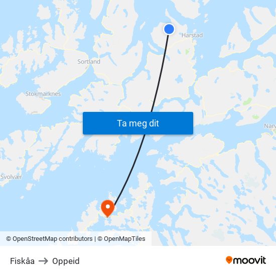 Fiskåa to Oppeid map