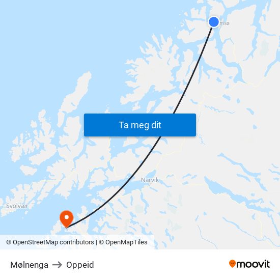 Mølnenga to Oppeid map