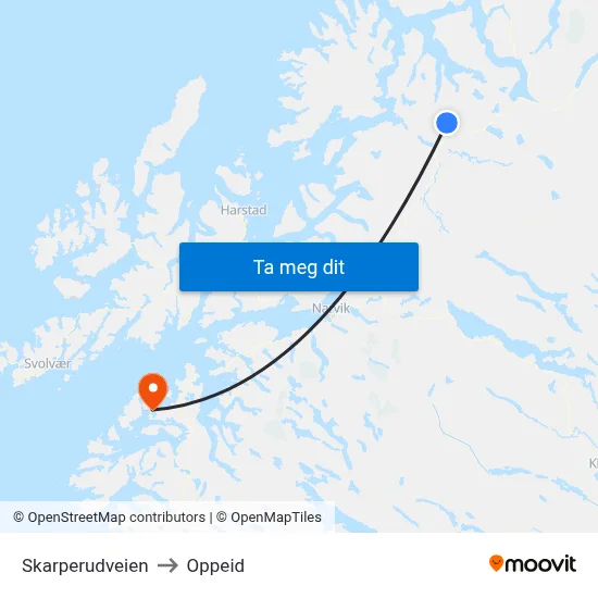 Skarperudveien to Oppeid map