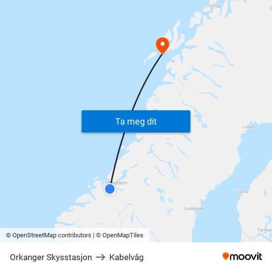 Orkanger Skysstasjon to Kabelvåg map