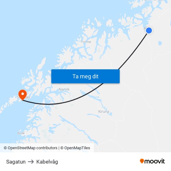 Sagatun to Kabelvåg map