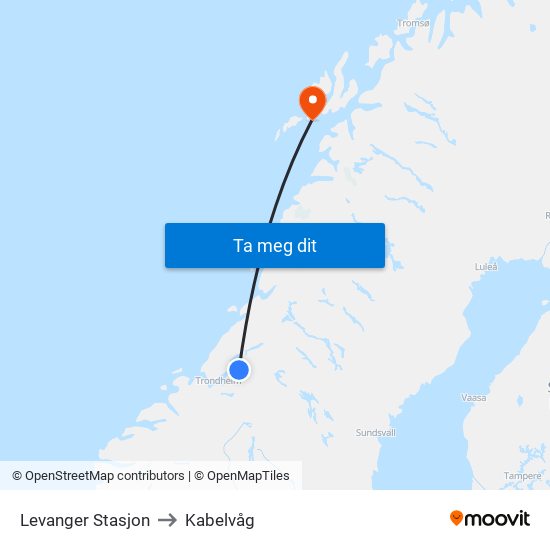 Levanger Stasjon to Kabelvåg map
