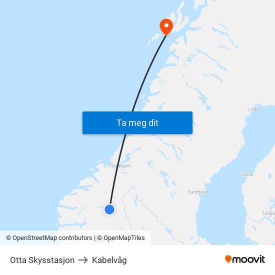Otta Skysstasjon to Kabelvåg map