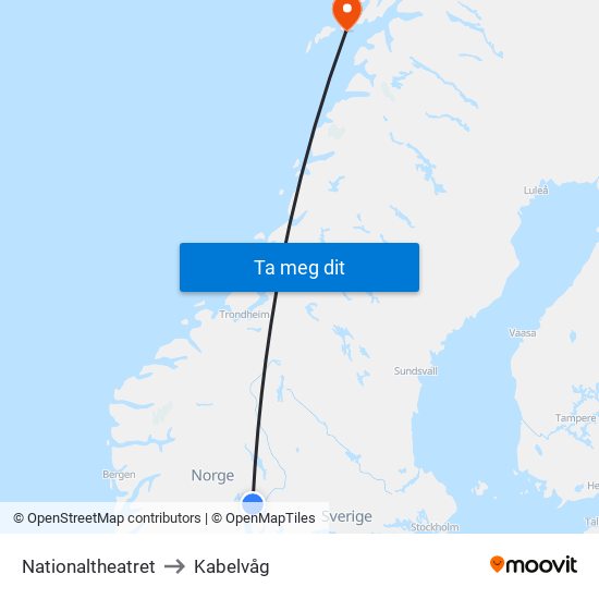 Nationaltheatret to Kabelvåg map