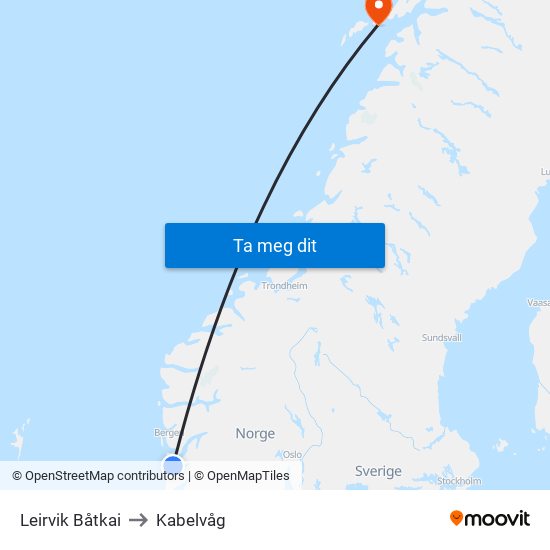 Leirvik Båtkai to Kabelvåg map