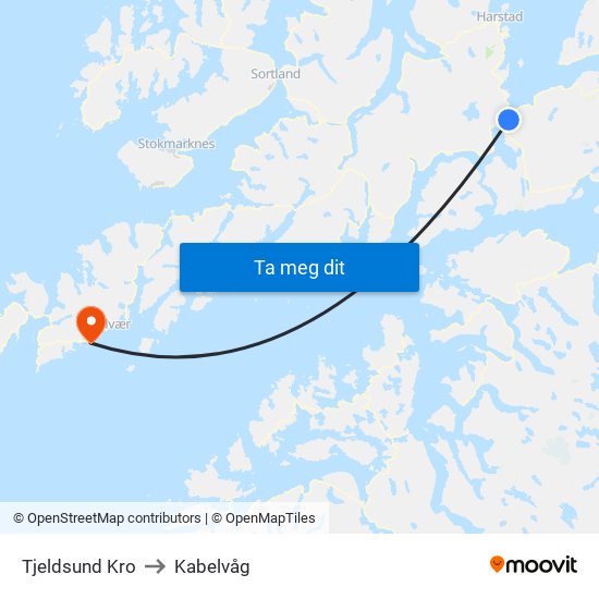 Tjeldsund Kro to Kabelvåg map