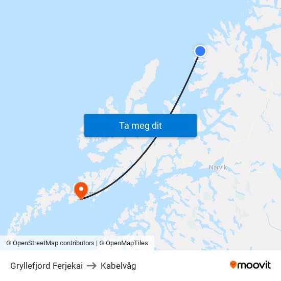 Gryllefjord Ferjekai to Kabelvåg map