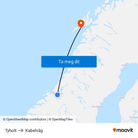 Tyholt to Kabelvåg map