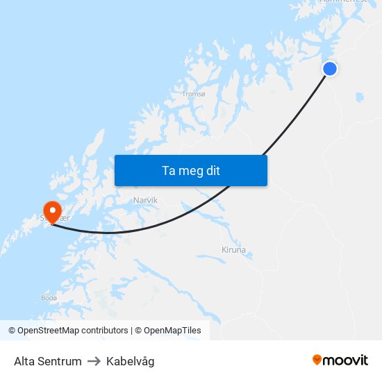 Alta Sentrum to Kabelvåg map