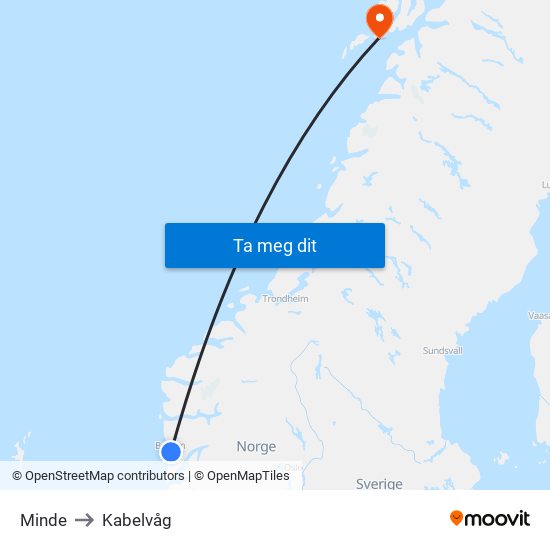 Minde to Kabelvåg map